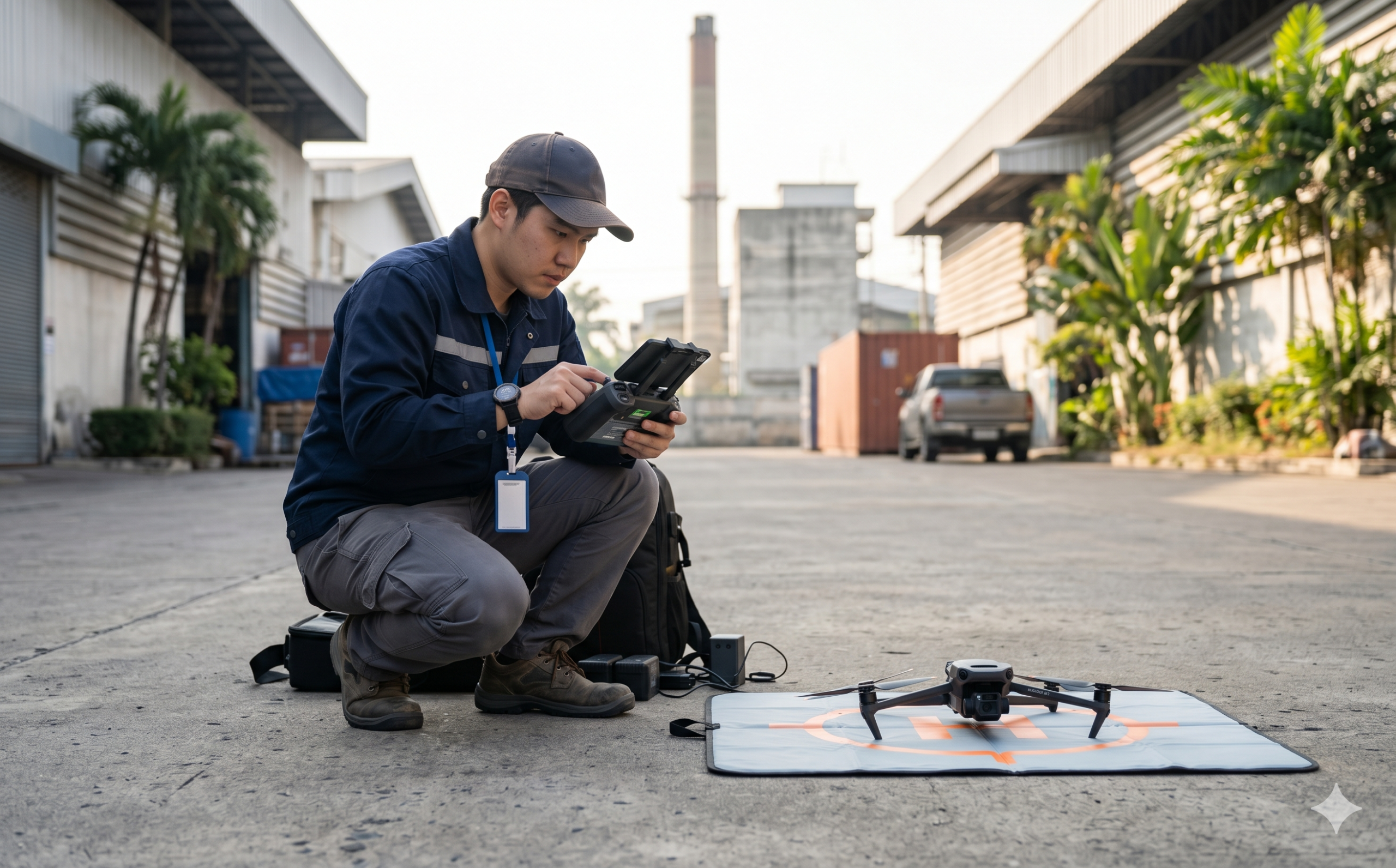 นักบินโดรนตรวจสอบแบตเตอรี่และอุปกรณ์ก่อนบินถ่ายทำที่โรงงาน