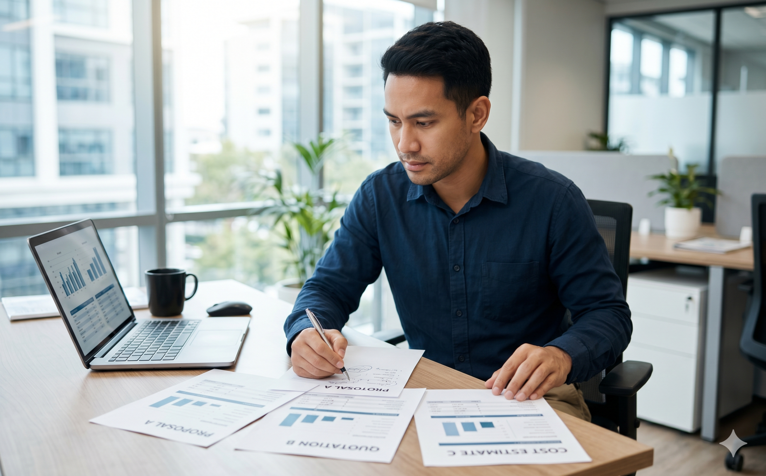 ผู้รับผิดชอบฝ่ายการตลาดกำลังเปรียบเทียบใบเสนอราคาถ่ายโดรนจากหลายบริษัท