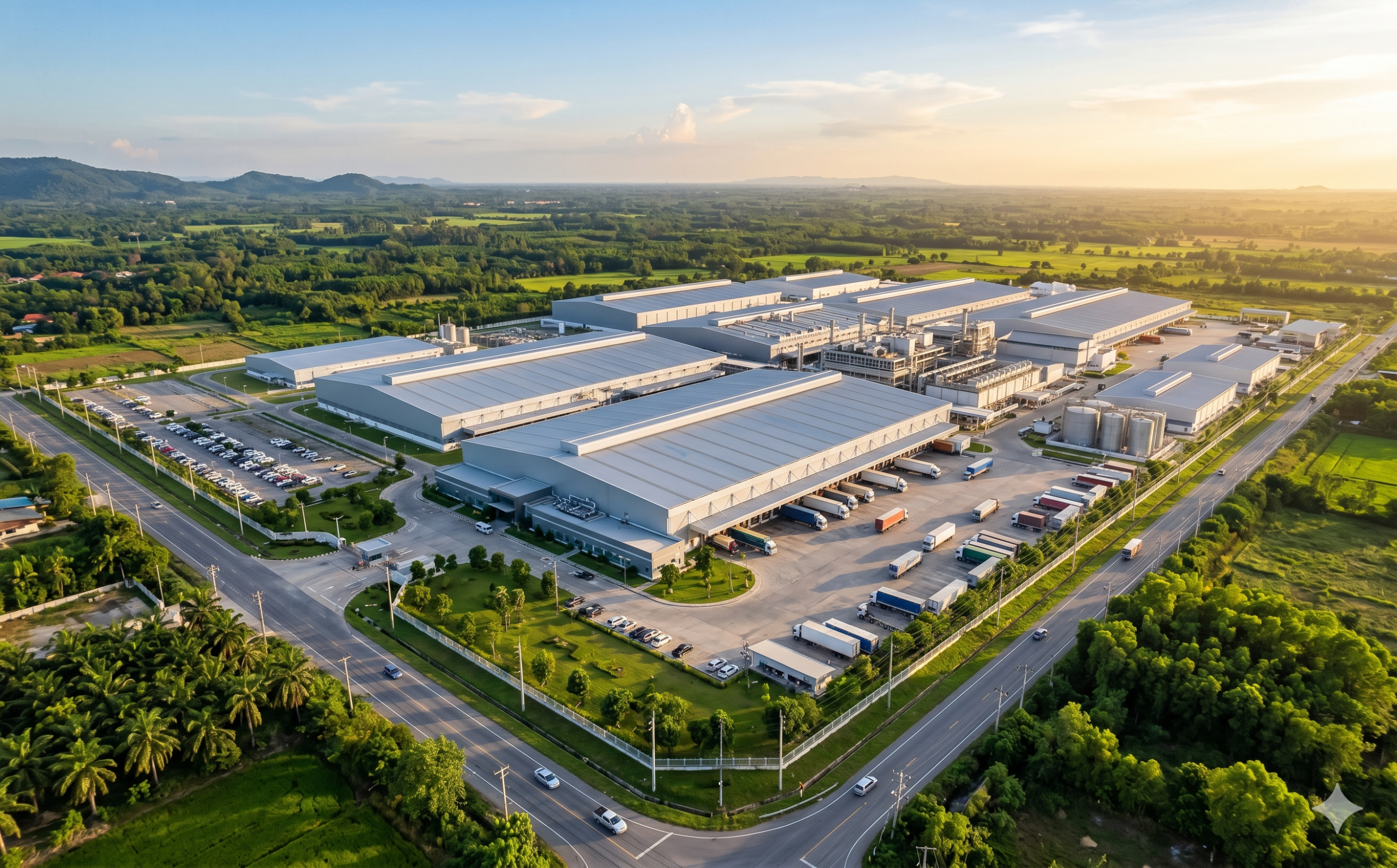 ภาพถ่ายทางอากาศจากโดรนแสดงโรงงานอุตสาหกรรมในประเทศไทยช่วง Golden Hour