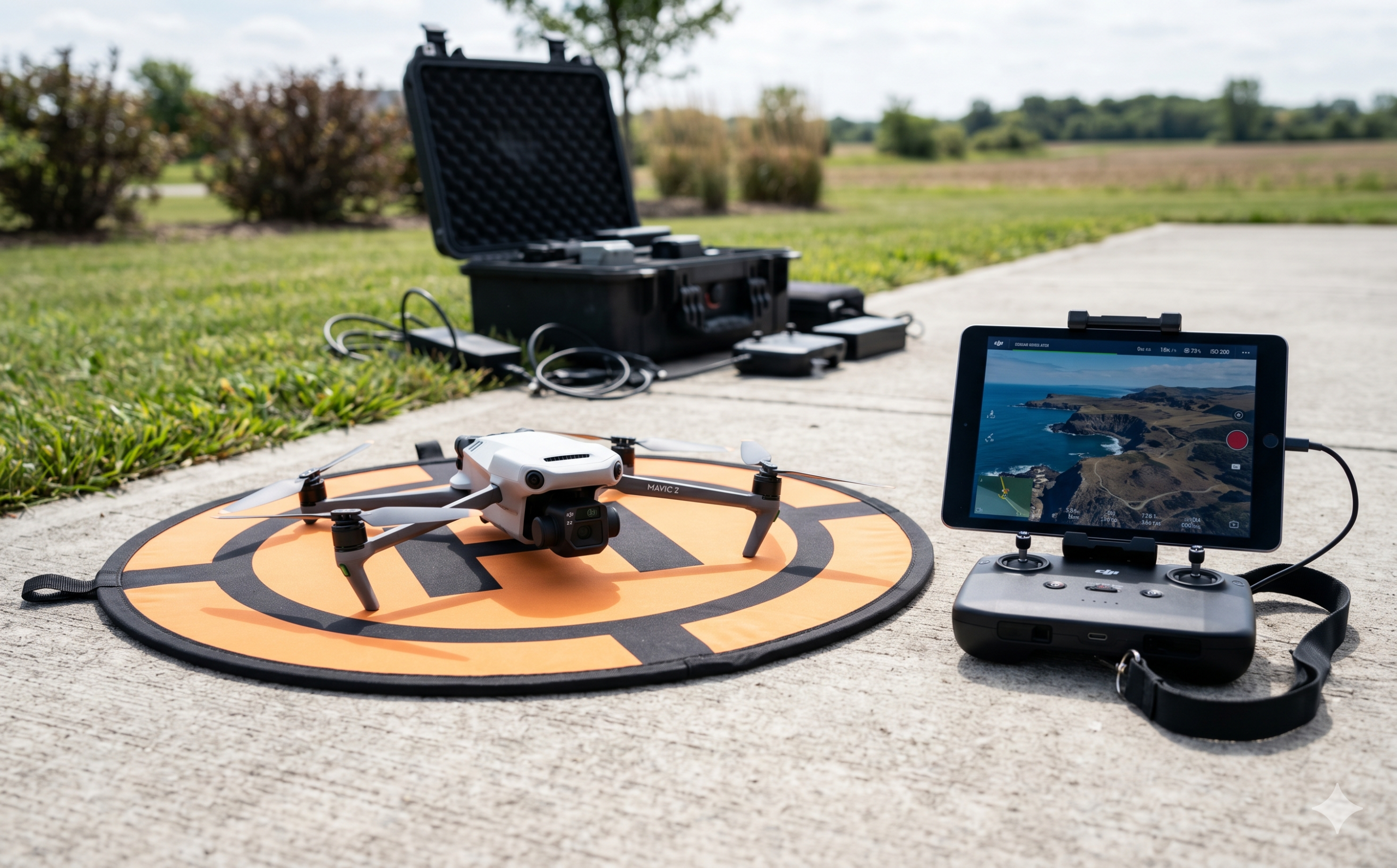 โดรน DJI Mavic พร้อมรีโมทและแท็บเล็ตเตรียมถ่ายทำเชิงพาณิชย์