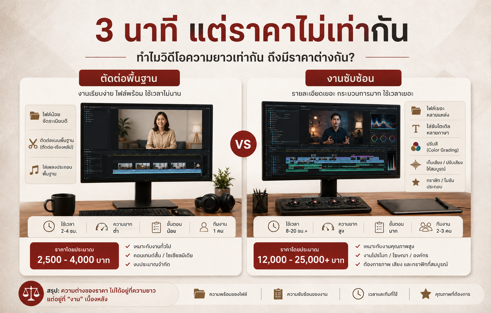 เปรียบเทียบงานตัดต่อวิดีโอราคาถูกกับงานมืออาชีพ