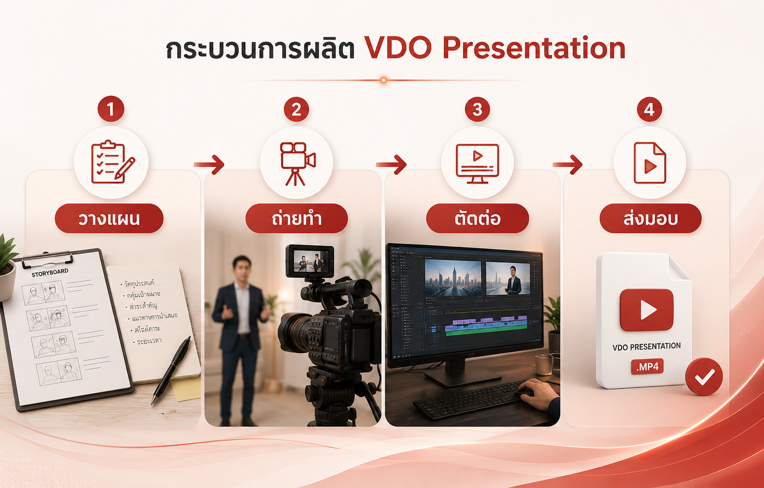 ขั้นตอนการผลิต VDO Presentation ตั้งแต่การวางแผน ถ่ายทำ ตัดต่อ จนถึงส่งมอบ