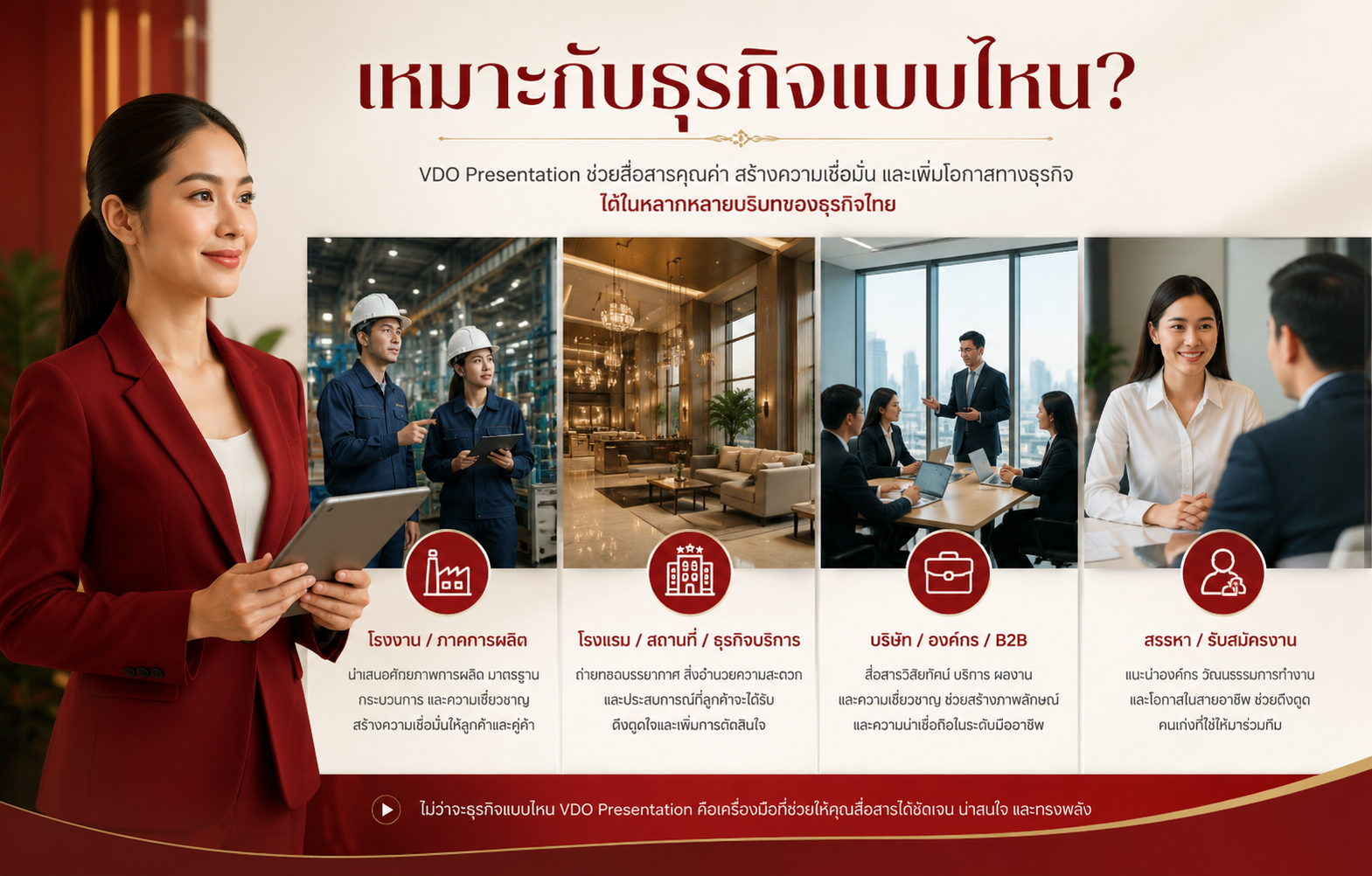 ธุรกิจที่เหมาะกับการทำ VDO Presentation เช่น โรงงาน โรงแรม อสังหาริมทรัพย์ และการรับสมัครงาน