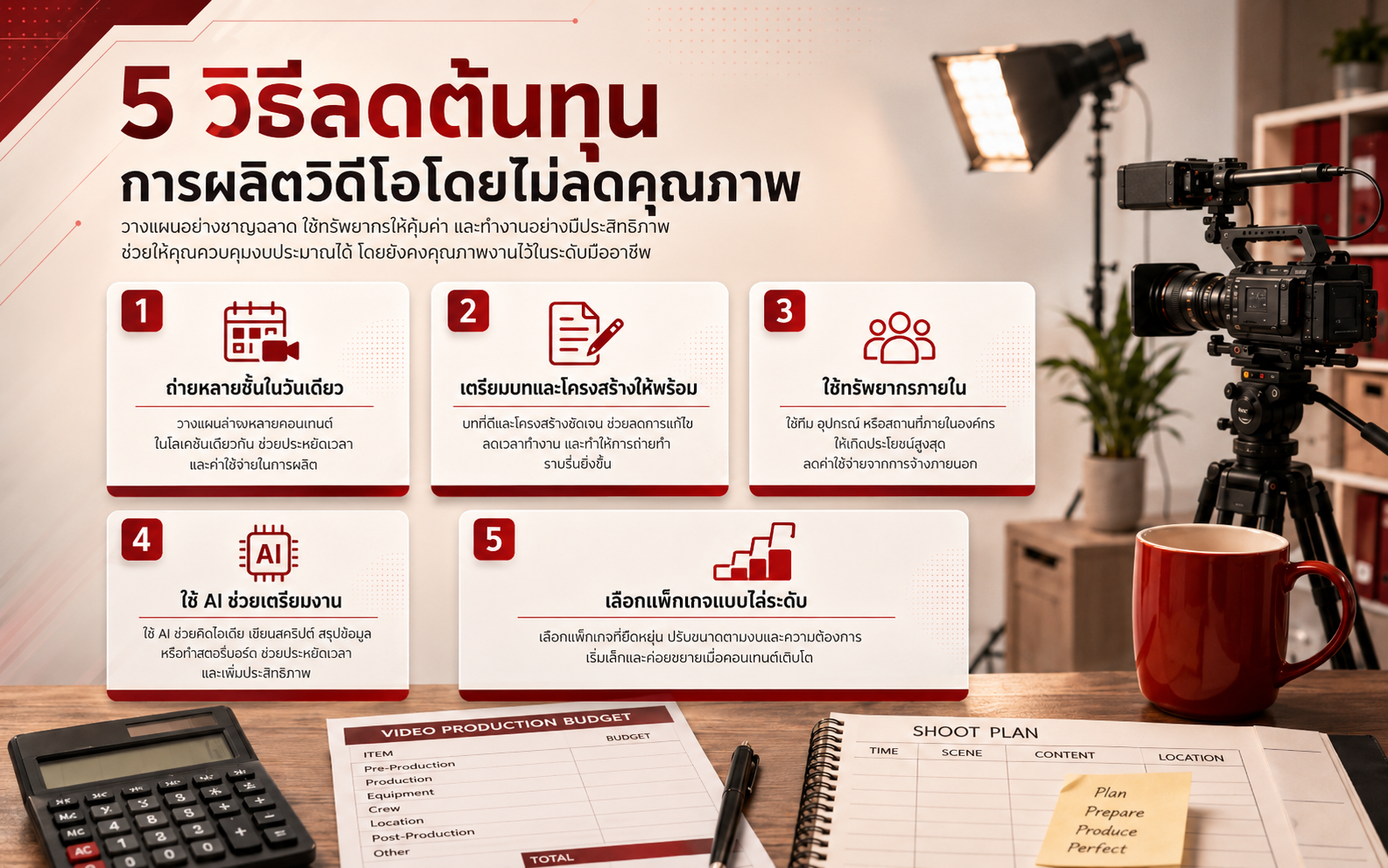 ภาพสรุป 5 วิธีลดต้นทุนการผลิตวิดีโอโดยไม่ลดคุณภาพ