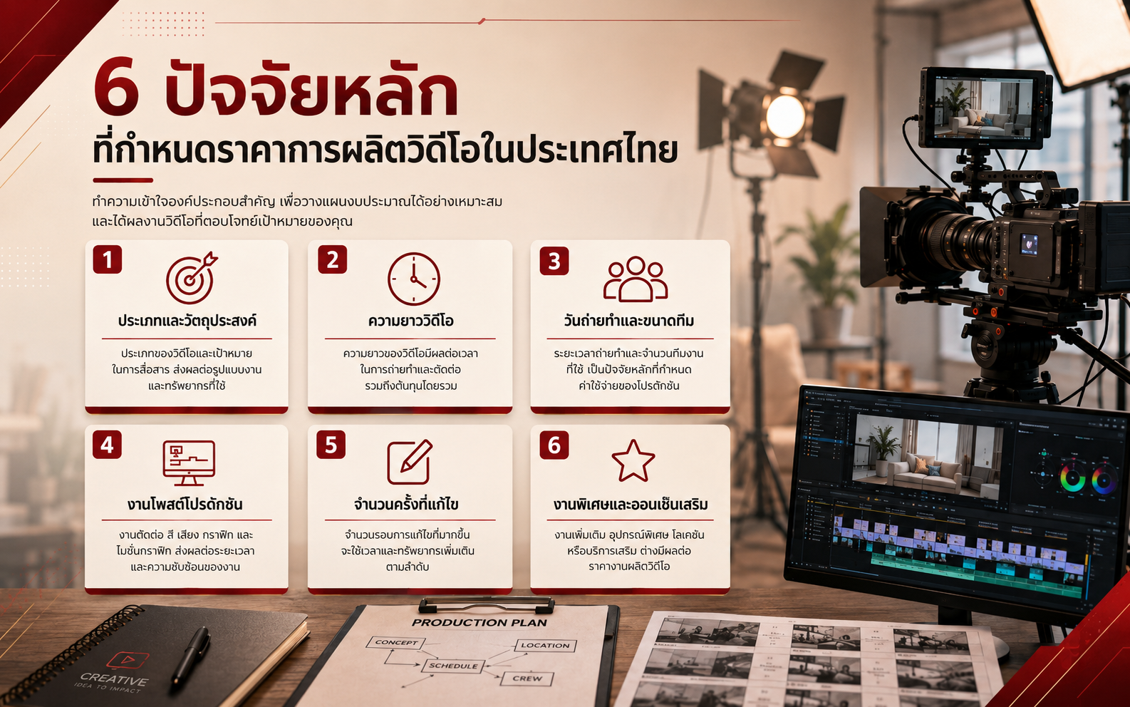ภาพอธิบาย 6 ปัจจัยหลักที่กำหนดราคาการผลิตวิดีโอในประเทศไทย