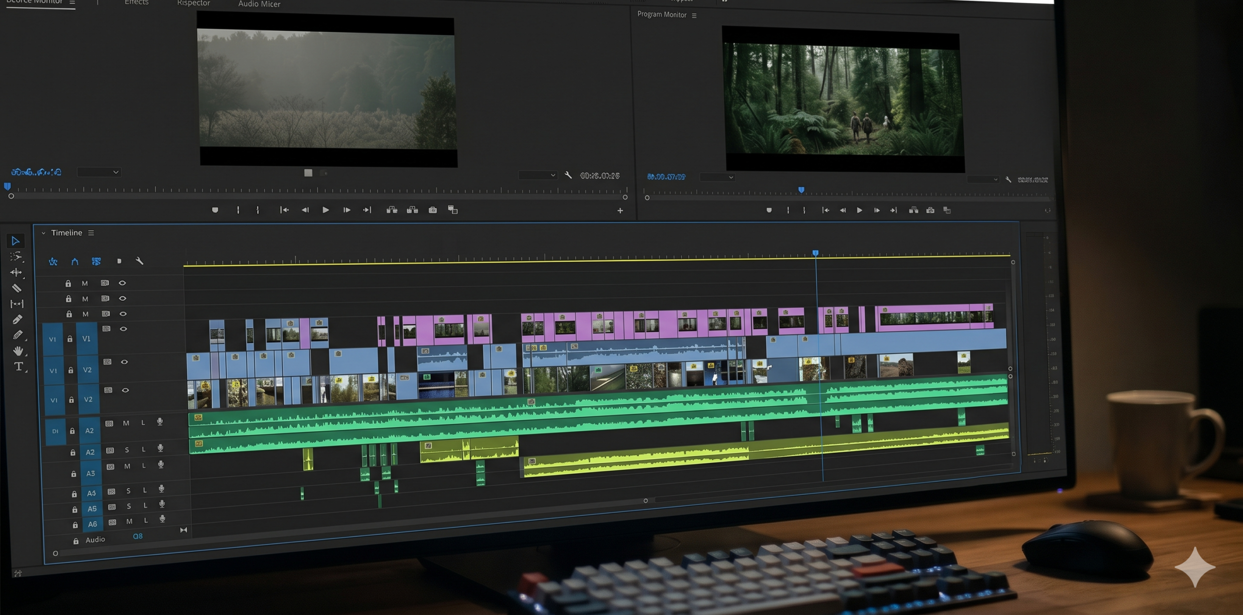 หน้าจอตัดต่อวิดีโอ timeline มืออาชีพ