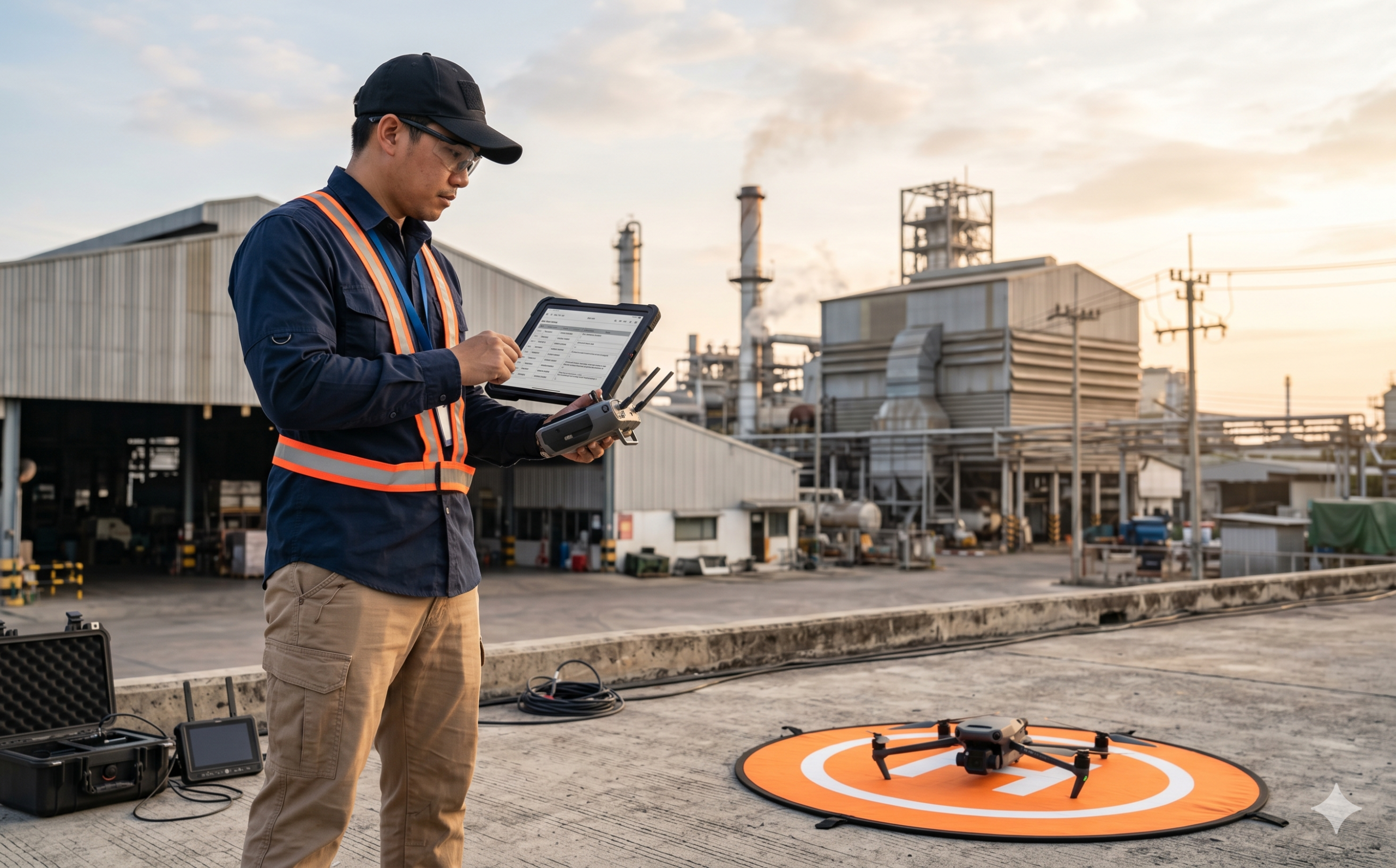 นักบินโดรนวางแผนคัตถ่ายทำก่อนบินที่โรงงาน