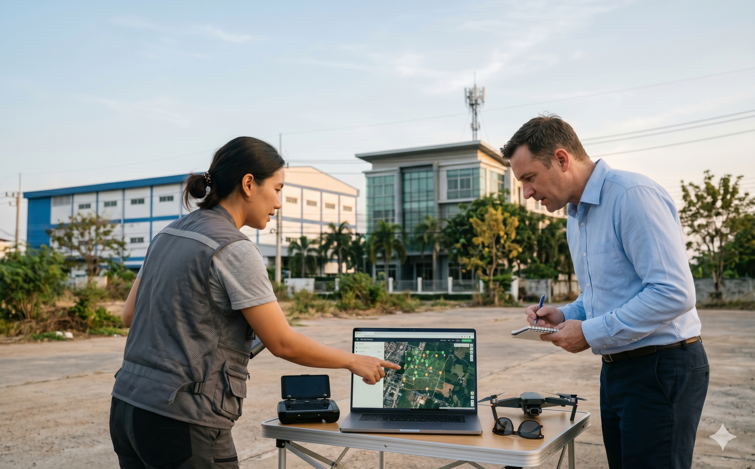 นักบินโดรนและผู้รับผิดชอบการตลาดตรวจสอบพื้นที่บินร่วมกันก่อนถ่ายทำ