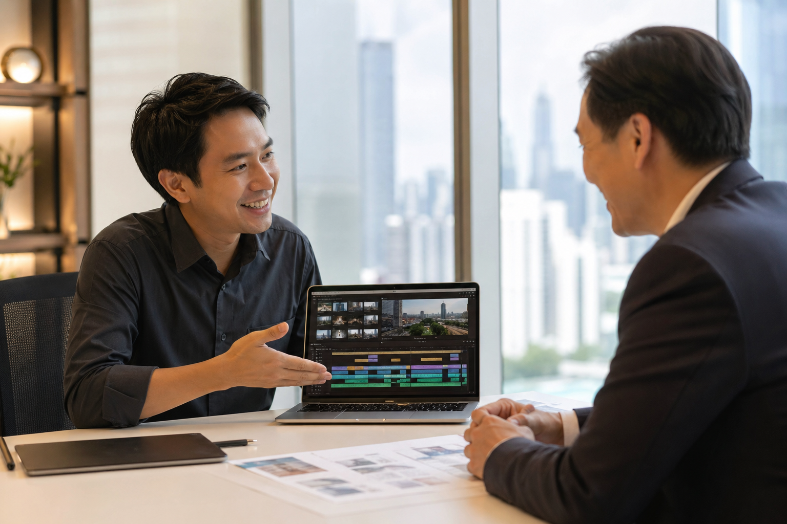 ทีม EIIZO ให้คำปรึกษาเรื่องวิดีโอโฆษณากับลูกค้าในออฟฟิศ