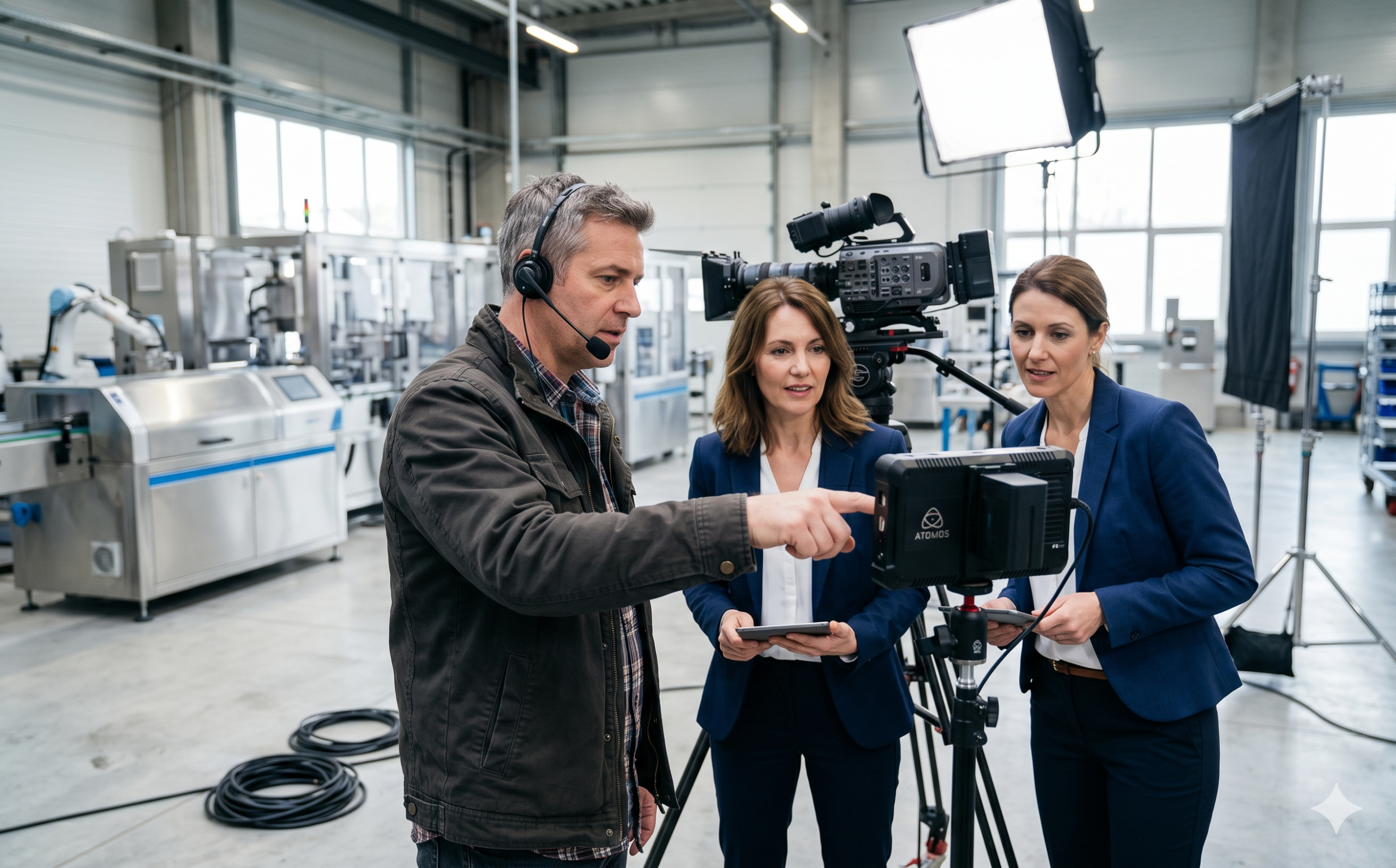 ผู้กำกับและลูกค้าตรวจสอบภาพจากจอมอนิเตอร์ระหว่างถ่ายทำในโรงงาน