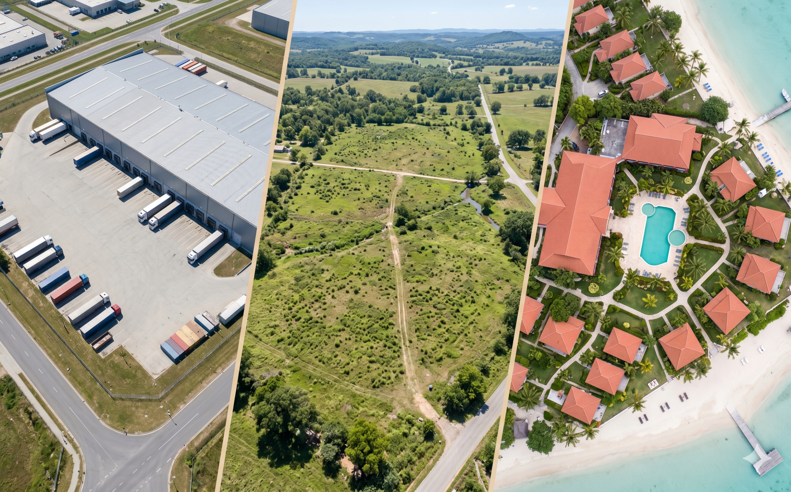ภาพมุมสูงจากโดรนแสดง 3 ประเภทอสังหาริมทรัพย์: โรงงาน ที่ดิน โรงแรม