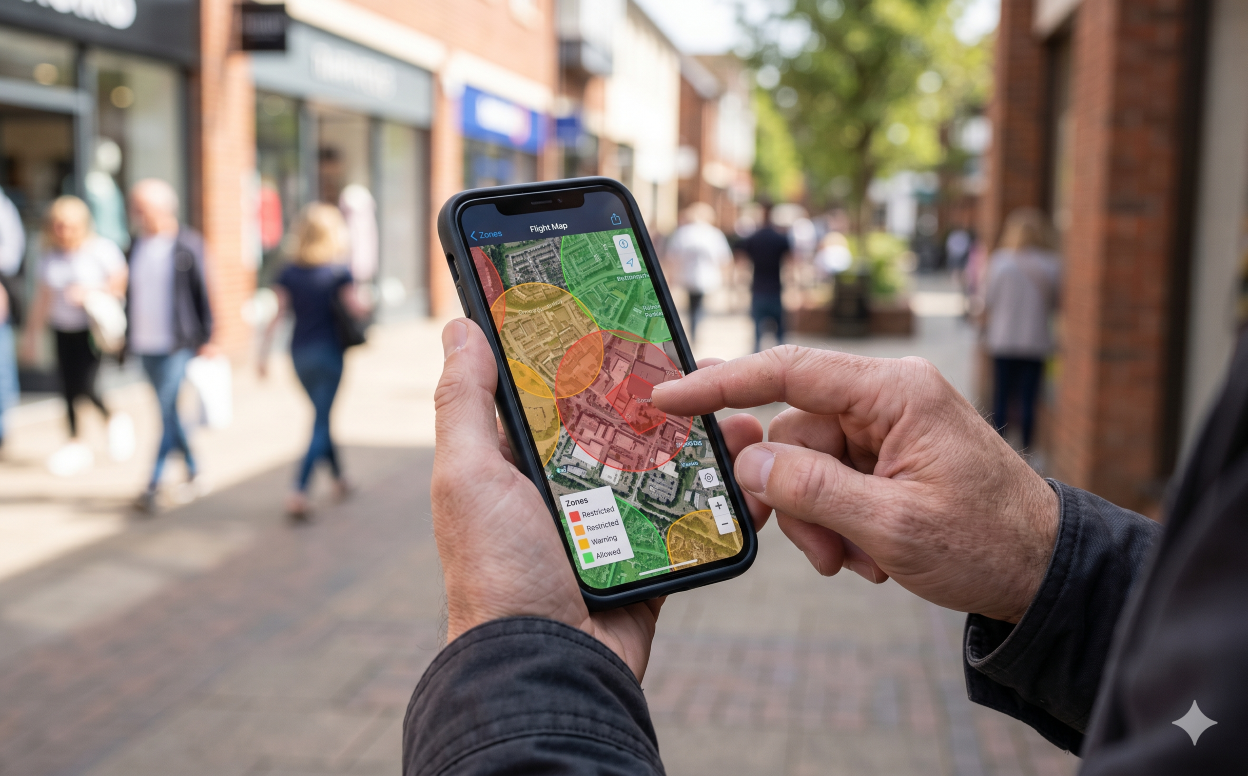 มือถือแสดงแอพตรวจสอบพื้นที่บินโดรนก่อนทำการถ่ายทำ