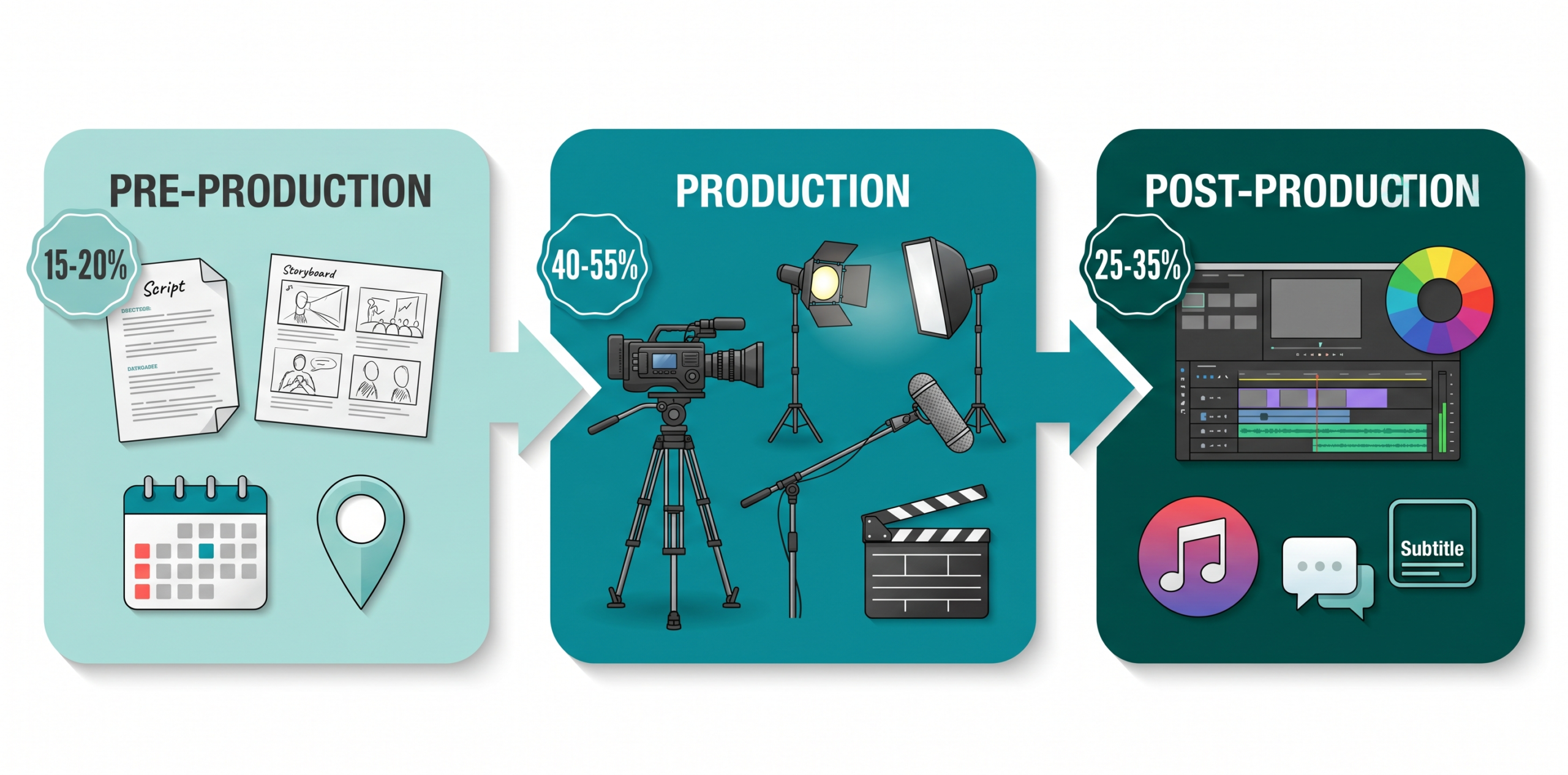 สัดส่วนต้นทุนผลิตวิดีโอ Pre-production 15-20% Production 40-55% Post-production 25-35%
