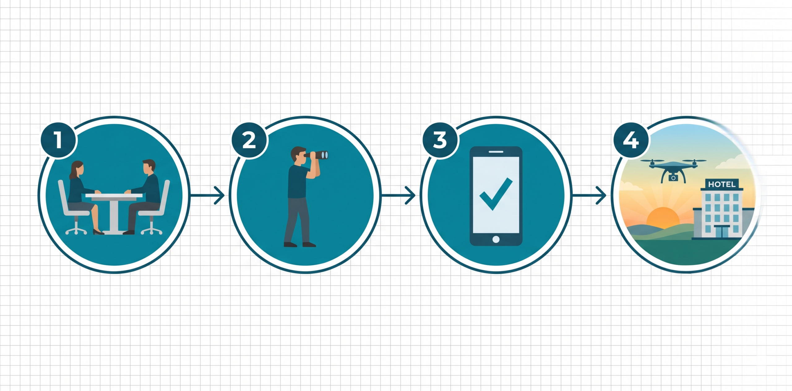 อินโฟกราฟิก 4 ขั้นตอนการถ่ายโดรนที่โรงแรม ประชุม สำรวจ ขออนุญาต ถ่ายทำ