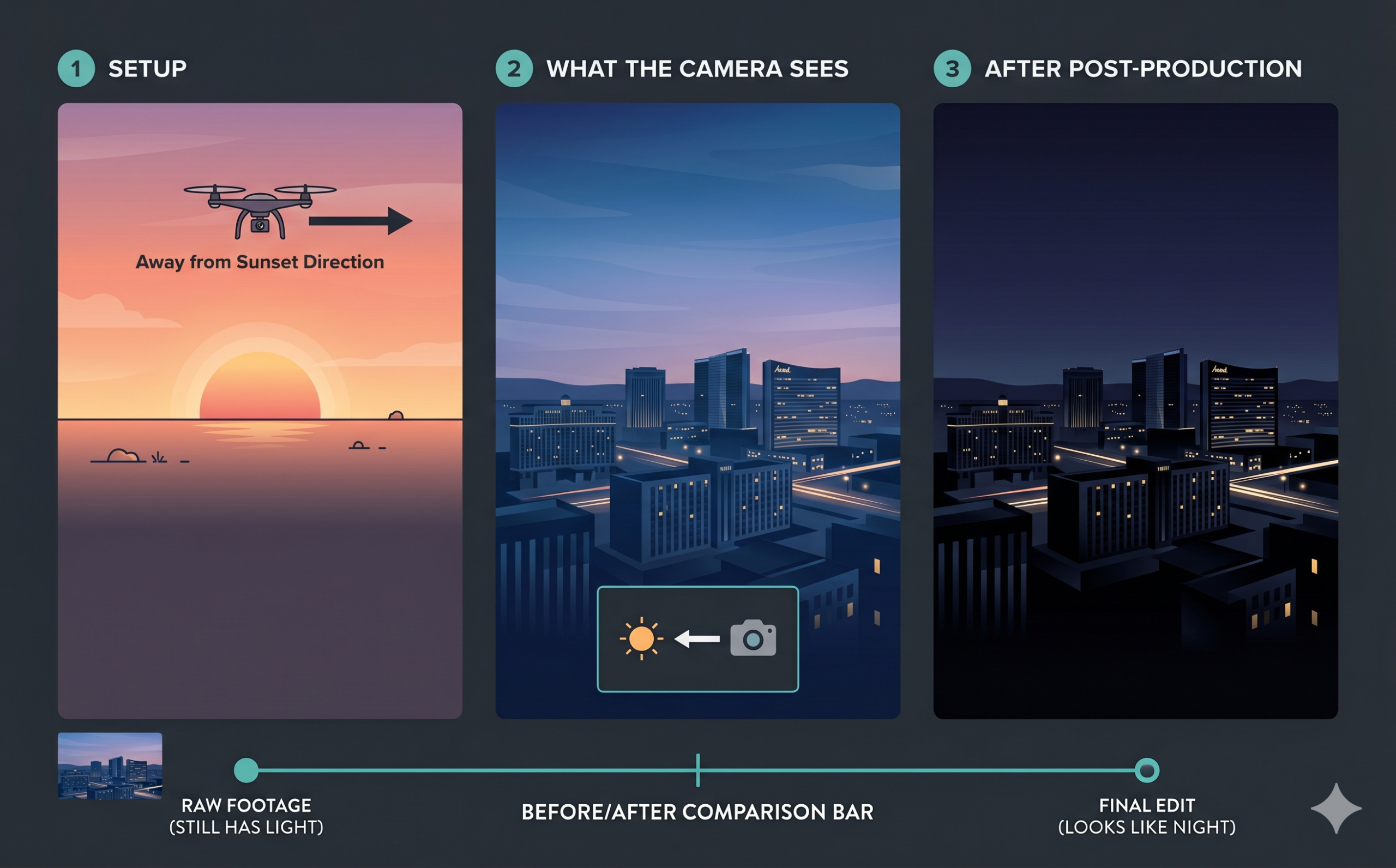 อินโฟกราฟิกอธิบายเทคนิค Twilight สำหรับถ่ายโดรนกลางคืน ตั้งแต่ตำแหน่งดวงอาทิตย์ มุมบิน จนถึงผลลัพธ์หลัง Post-Production
