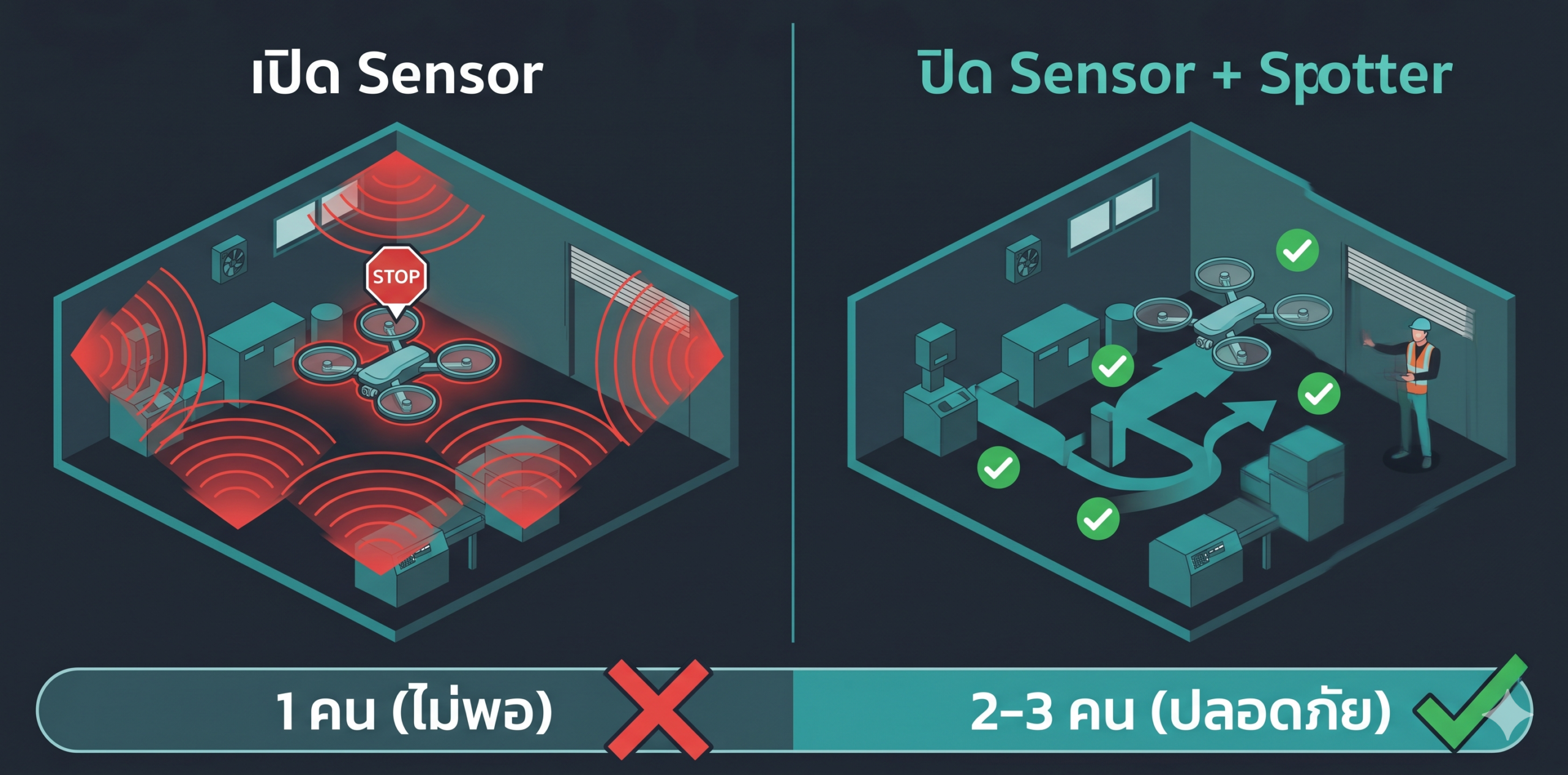 อินโฟกราฟิกเปรียบเทียบการบินโดรนในอาคาร เปิด Sensor vs ปิด Sensor พร้อมข้อดีข้อเสียและจำนวนทีมงานที่ต้องใช้