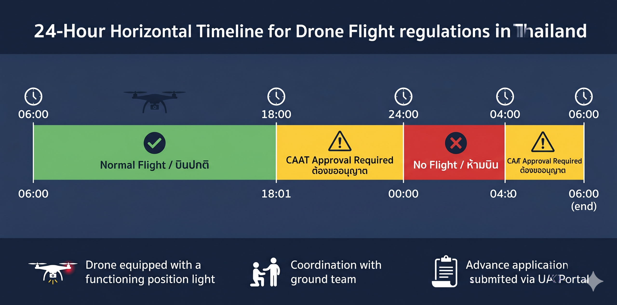 อินโฟกราฟิกแสดงช่วงเวลาบินโดรนในไทย 06.00-18.00 บินปกติ, 18.01-24.00 ต้องขออนุญาต, 00.01-04.00 ห้ามบิน