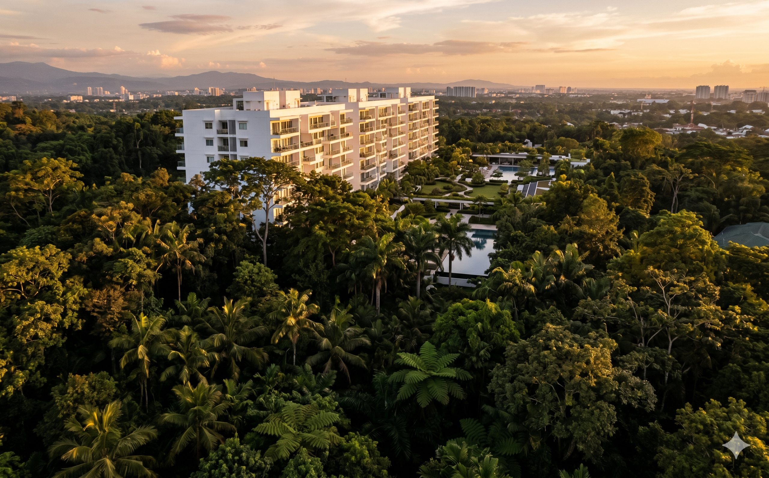 เทคนิค Reveal Shot โดรนค่อยๆ เผยให้เห็นคอนโดมิเนียมจากด้านหลังต้นไม้