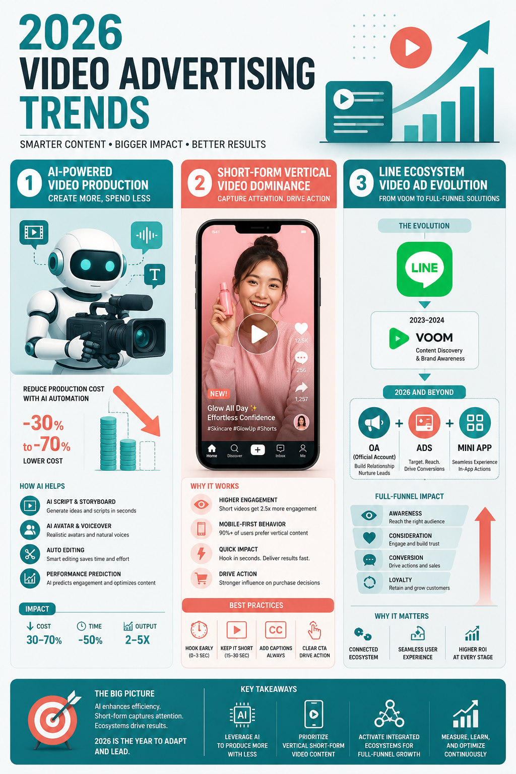 อินโฟกราฟิกเทรนด์วิดีโอโฆษณา 2026 AI ช่วยลดต้นทุน 40% Short-form Video ครองตลาด