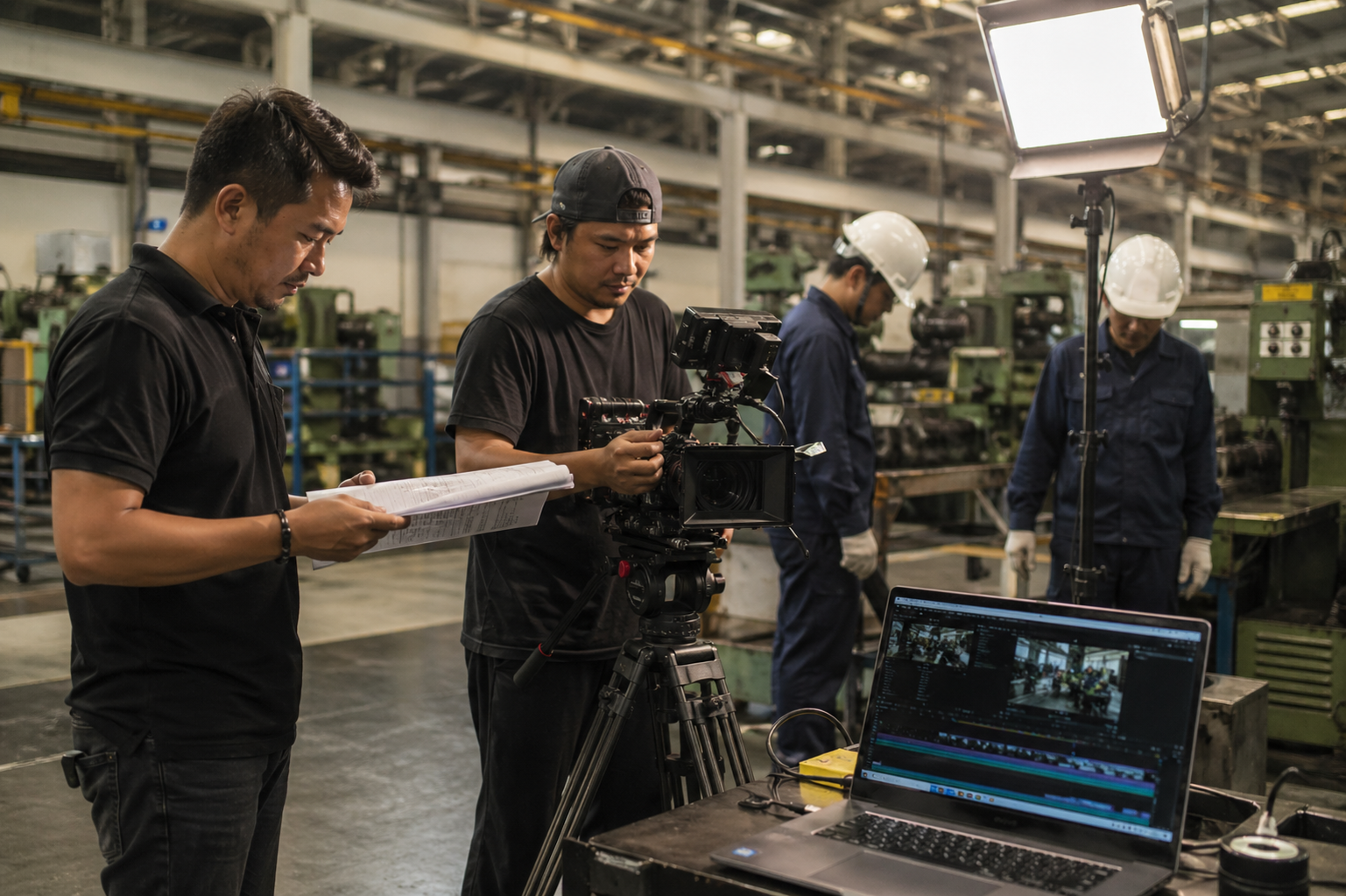 ทีม EIIZO ถ่ายทำวิดีโอโฆษณาในโรงงาน กล้อง ไฟ มอนิเตอร์