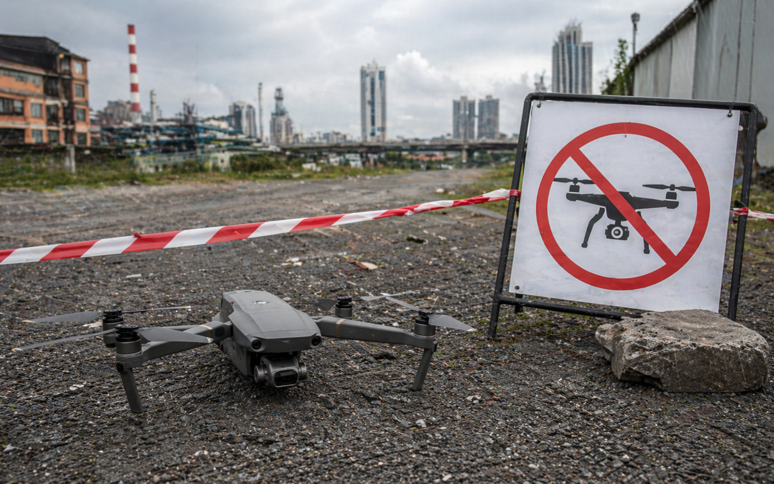 โดรนจอดอยู่บนพื้นสื่อถึงการหยุดบินชั่วคราวจากประกาศห้ามบิน