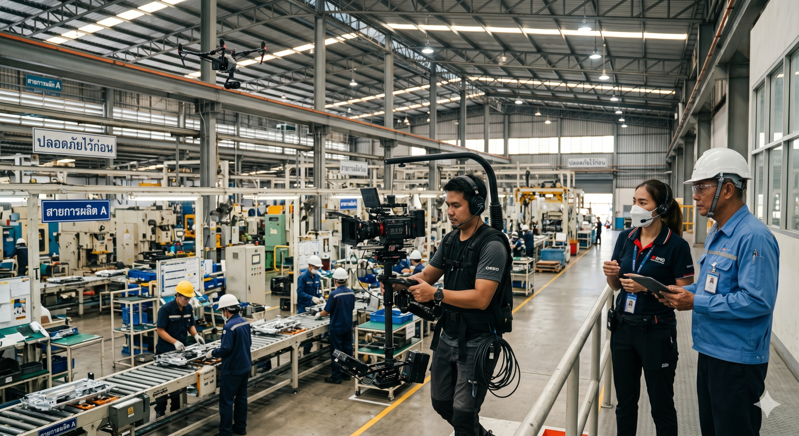 ทีมถ่ายทำ EIIZO กำลังถ่าย VDO Presentation ที่โรงงาน พร้อมกล้องและโดรน