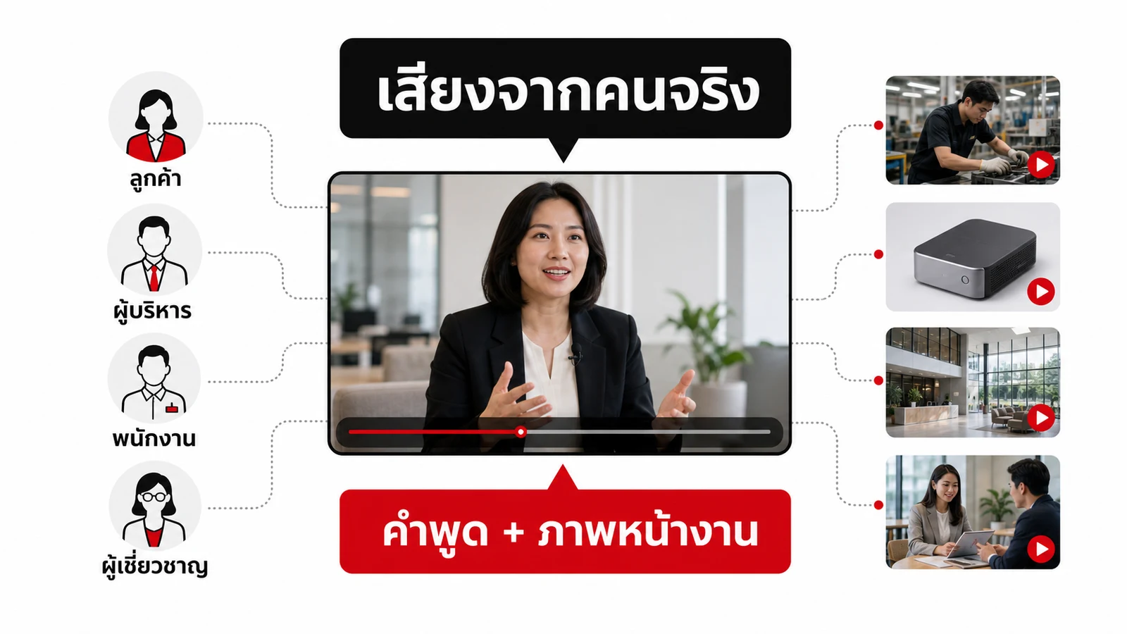 โครงสร้างวิดีโอสัมภาษณ์องค์กรที่ใช้เสียงจากคนจริงร่วมกับภาพหน้างานและสินค้า