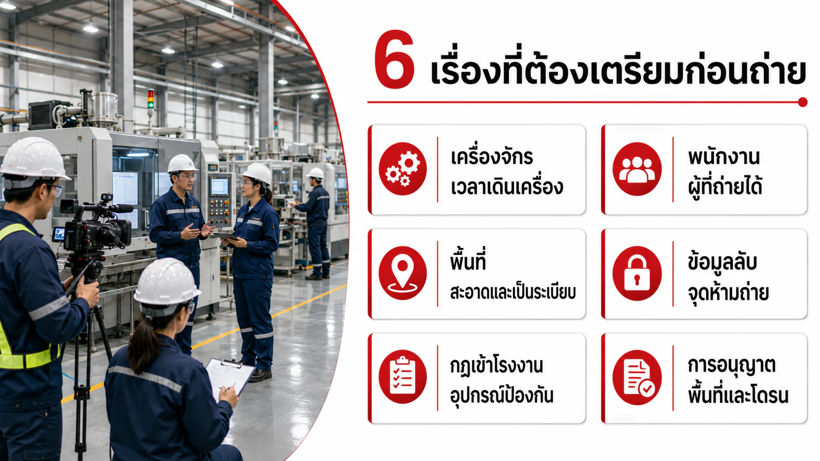 เช็กลิสต์เตรียมเครื่องจักร พนักงาน พื้นที่ ข้อมูลลับ กฎเข้าโรงงาน และการอนุญาตโดรน