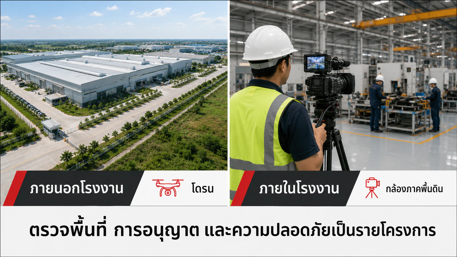 เปรียบเทียบภาพโดรนภายนอกโรงงานกับการใช้กล้องภาคพื้นดินภายในโรงงาน