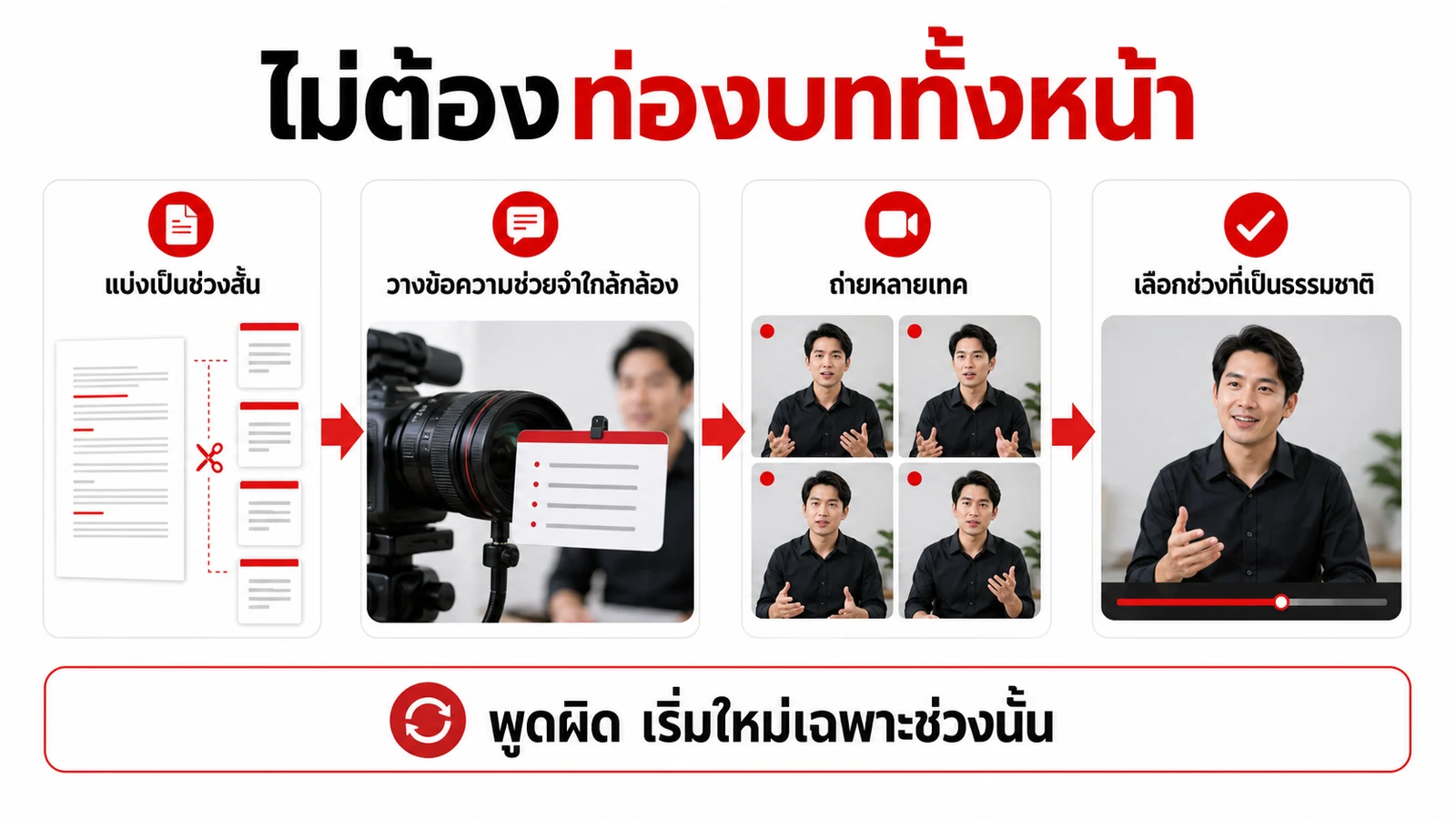 วิธีแบ่งบทเป็นช่วงสั้น ใช้ข้อความช่วยจำใกล้กล้อง และถ่ายหลายเทค