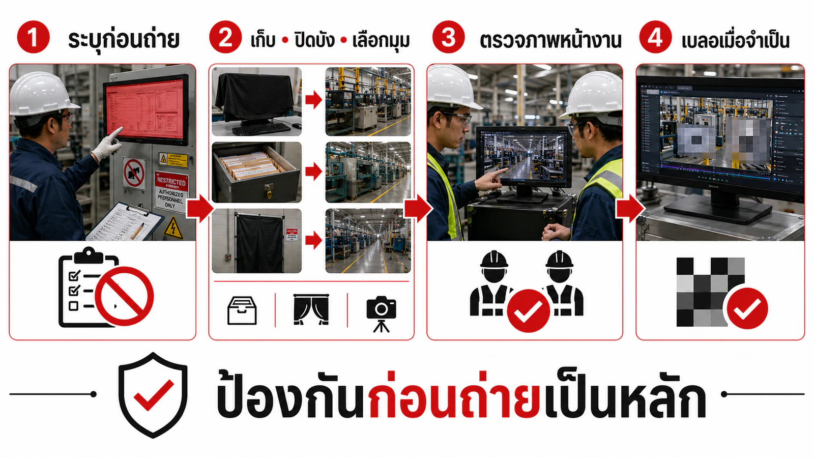 ขั้นตอนป้องกันข้อมูลลับก่อน ระหว่าง และหลังการถ่ายวิดีโอโรงงาน