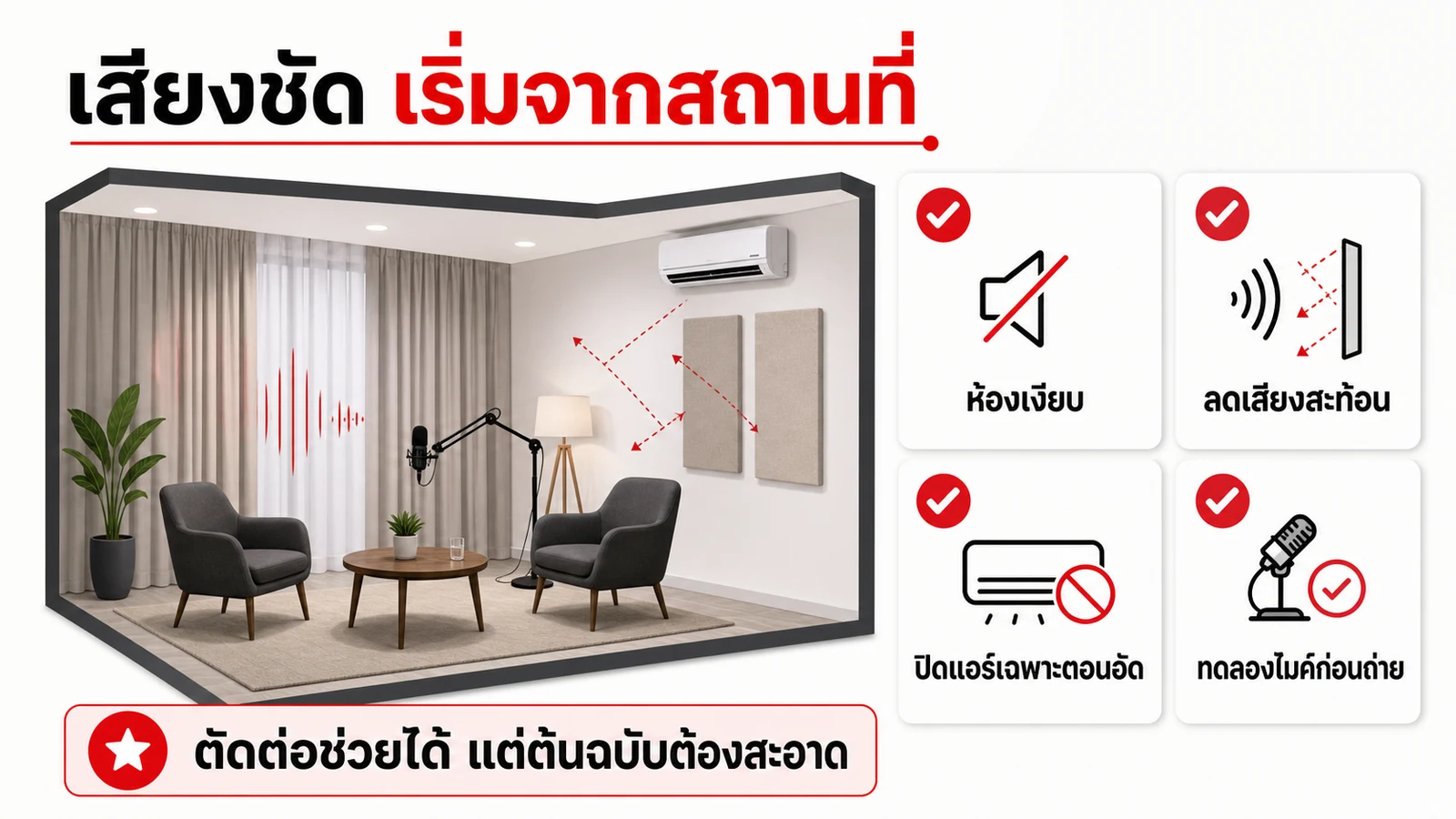เช็กลิสต์ห้อง เสียงสะท้อน เครื่องปรับอากาศ และไมโครโฟนก่อนถ่ายสัมภาษณ์
