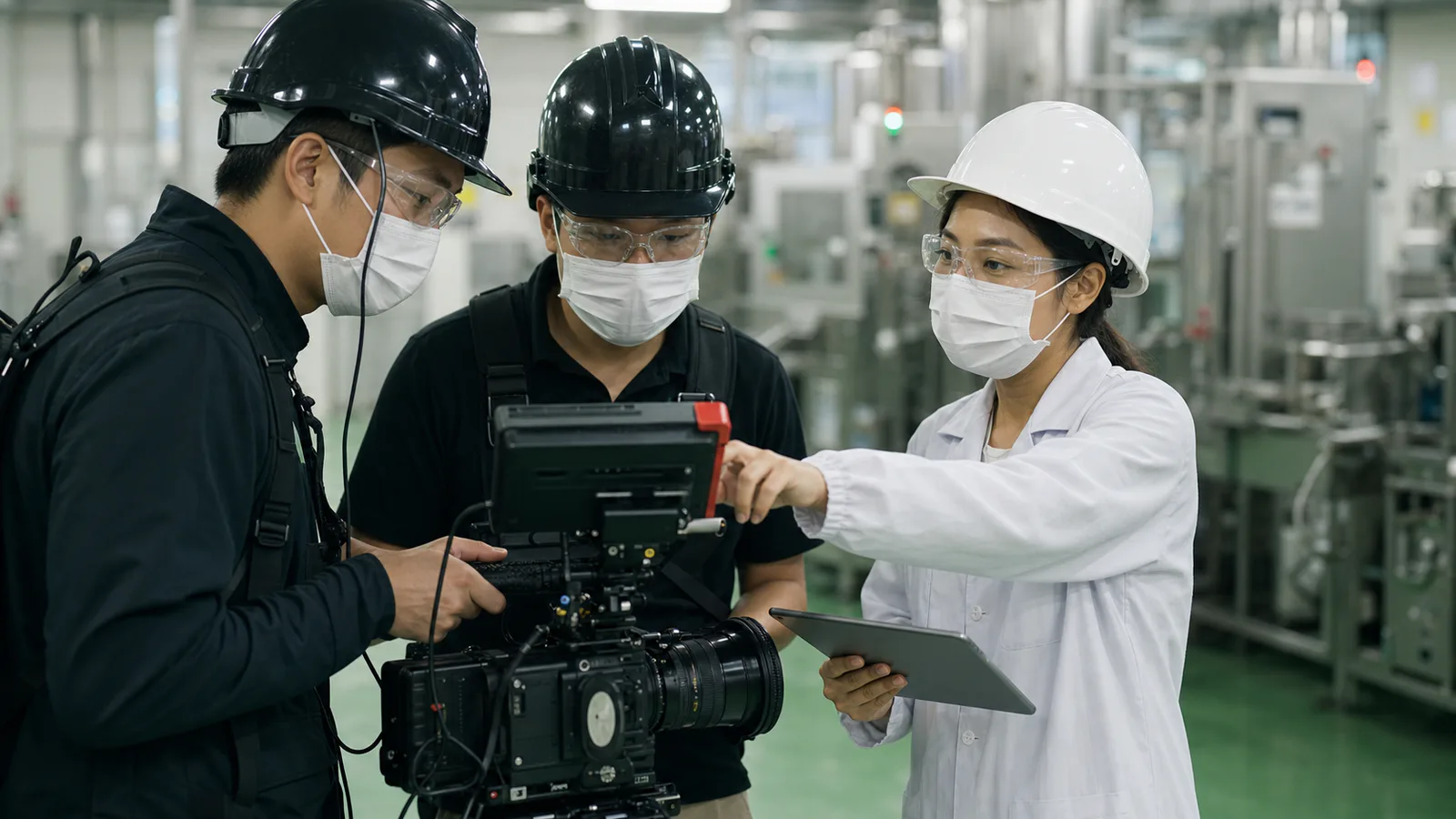 ทีมถ่ายทำตรวจสอบภาพร่วมกับผู้ประสานงานโรงงานเพื่อหลีกเลี่ยงข้อมูลสำคัญ
